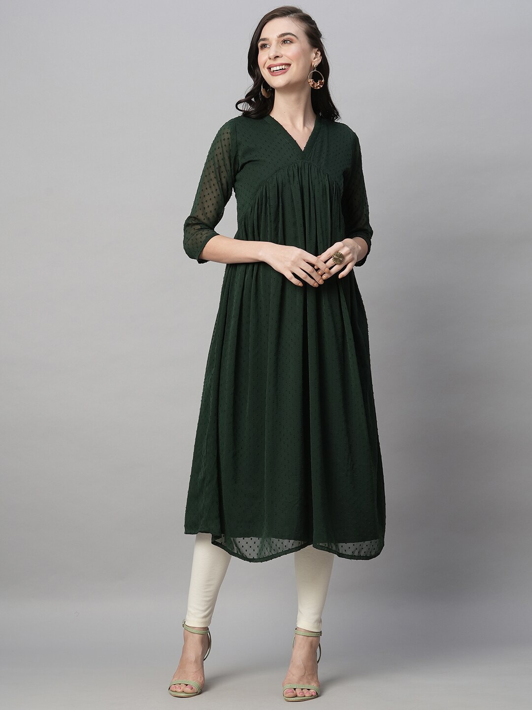 

RATAN Woven Design V-Neck Empire A-Line Kurta, Green
