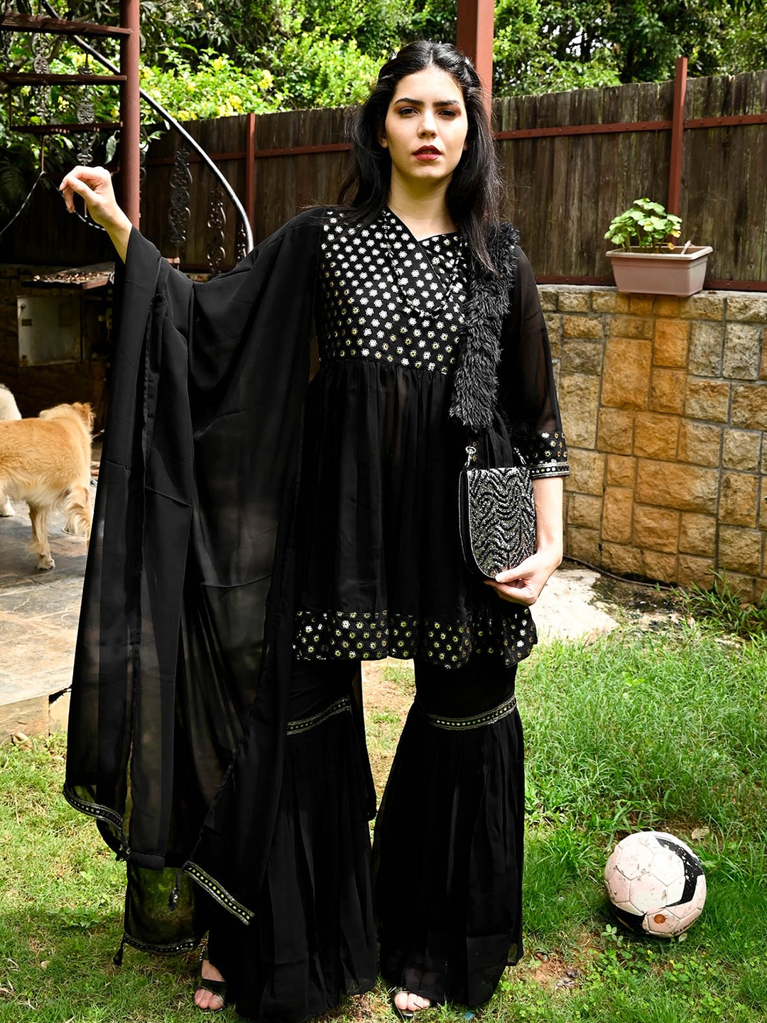 

ODETTE Black Embroidered Georgette A-Line Kurti With Sharara & Dupatta