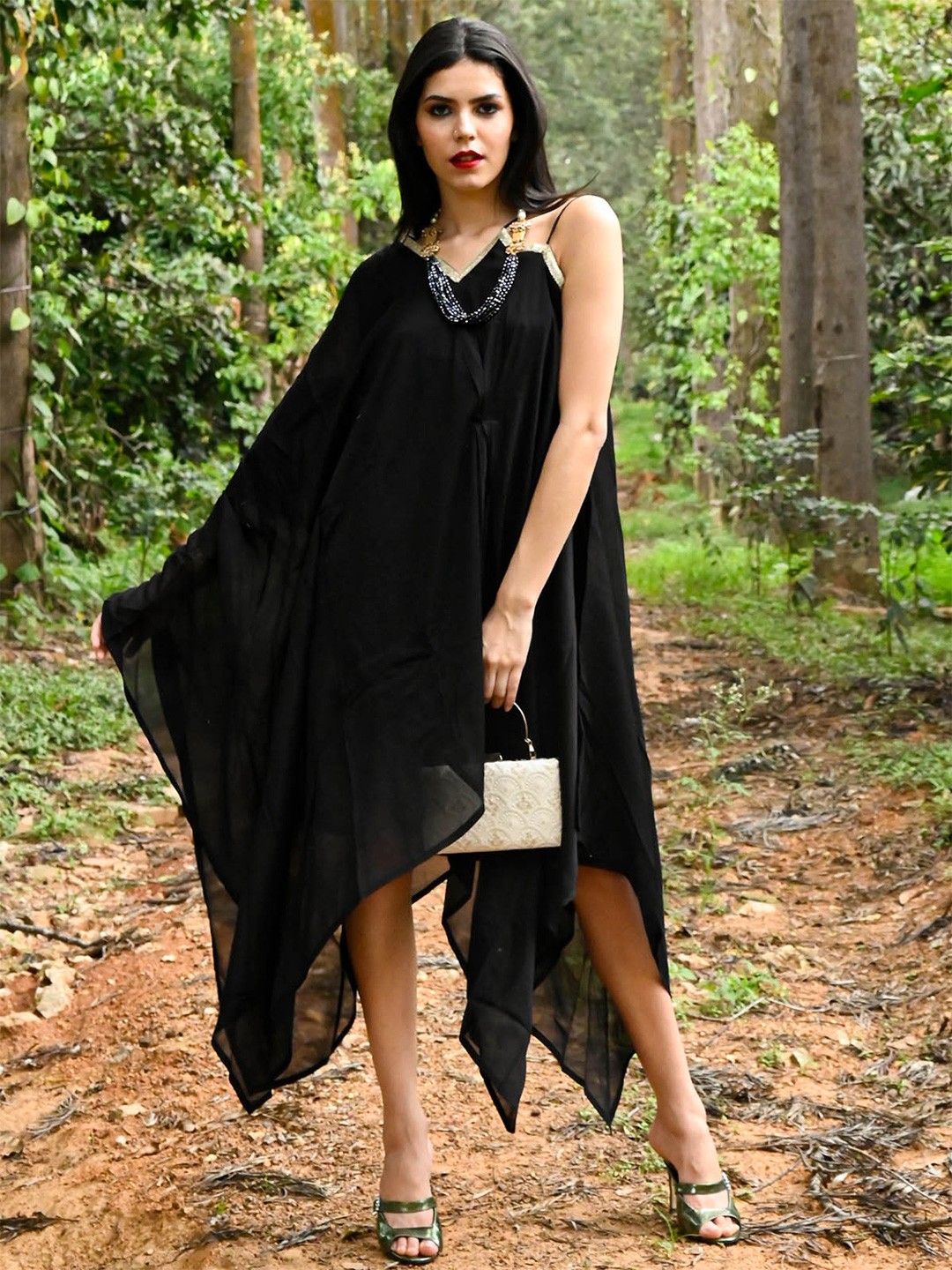 

ODETTE Black Tie-Up Neck Crepe A-Line Dress