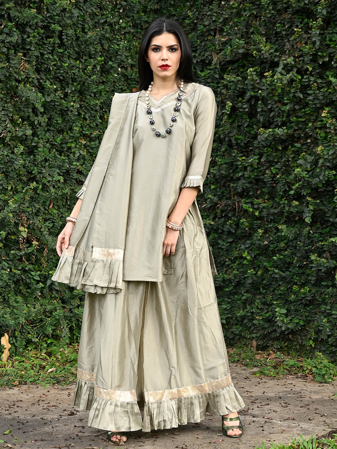 

ODETTE Grey V-Neck Art Silk Kurti with Palazzo & Dupatta