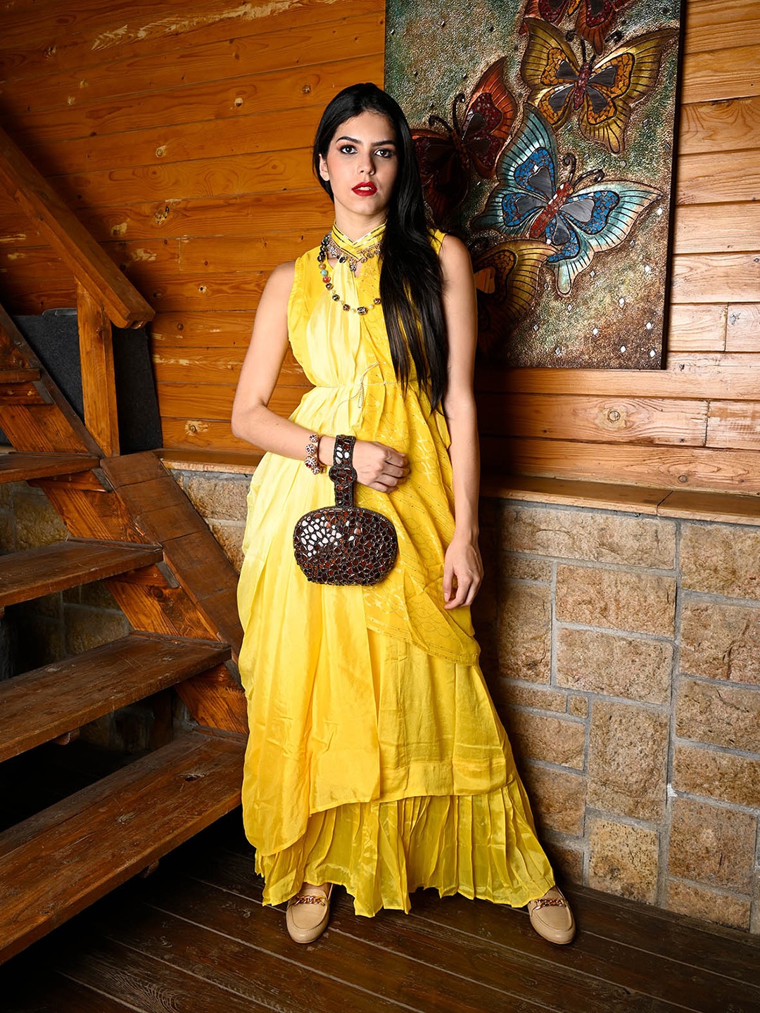 

ODETTE Square Neck Ethnic Maxi Ethnic Dress, Yellow