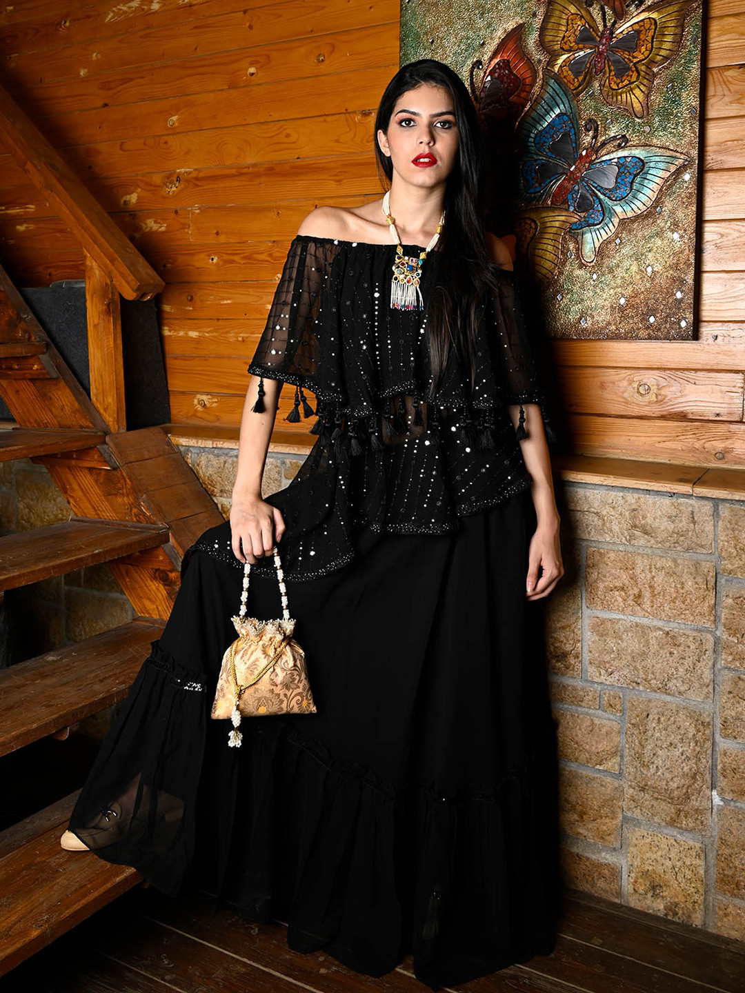 

ODETTE Embellished Tunic and Flounce Skirt, Black