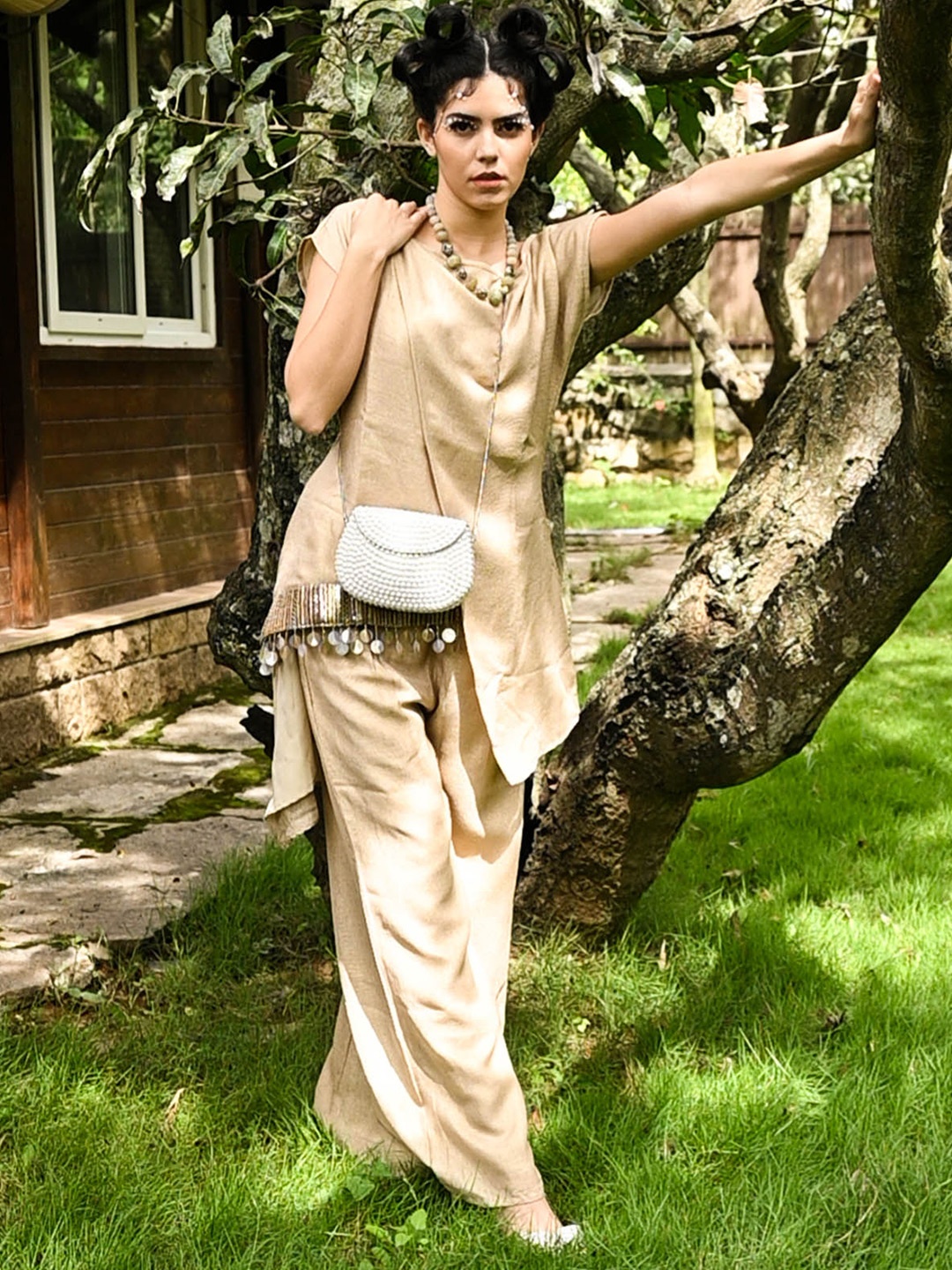 

ODETTE Round Neck Extended Sleeves Top & Palazzos, Beige
