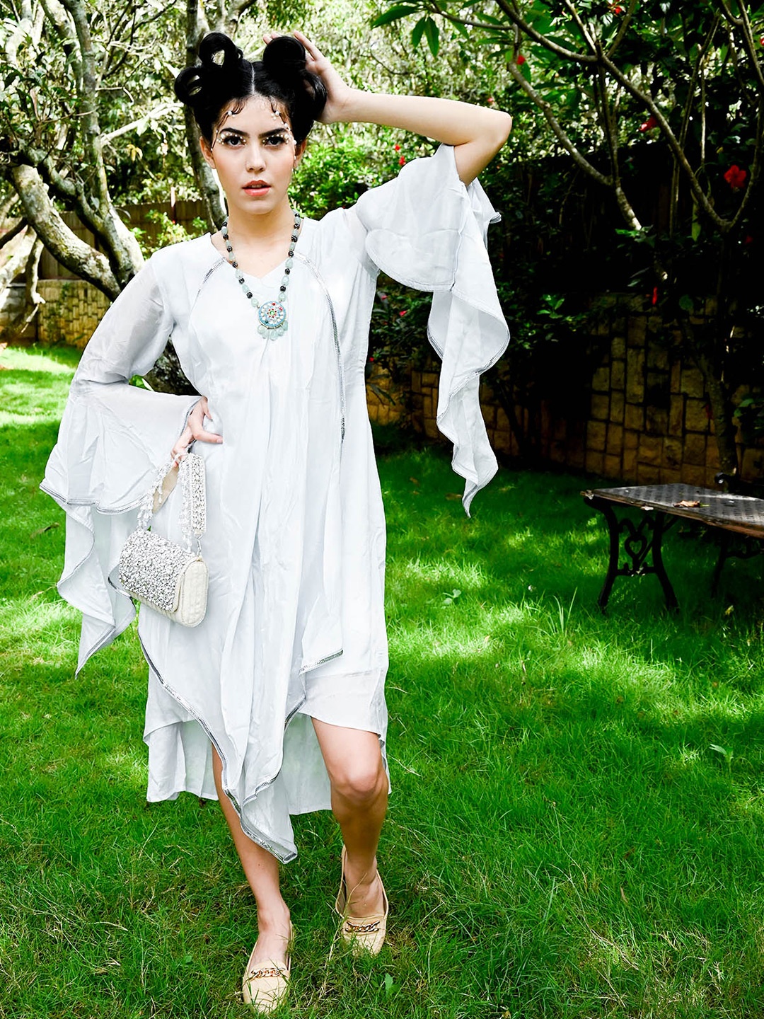 

ODETTE Bell Sleeves Embellished Detailed Asymmetric A-Line Dress, White