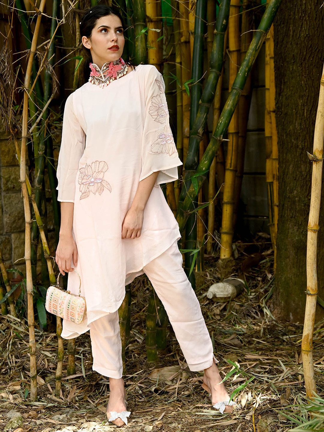 

ODETTE Flared Sleeves Thread Work Detailed Asymmetric A-Line Kurta with Trousers, Pink