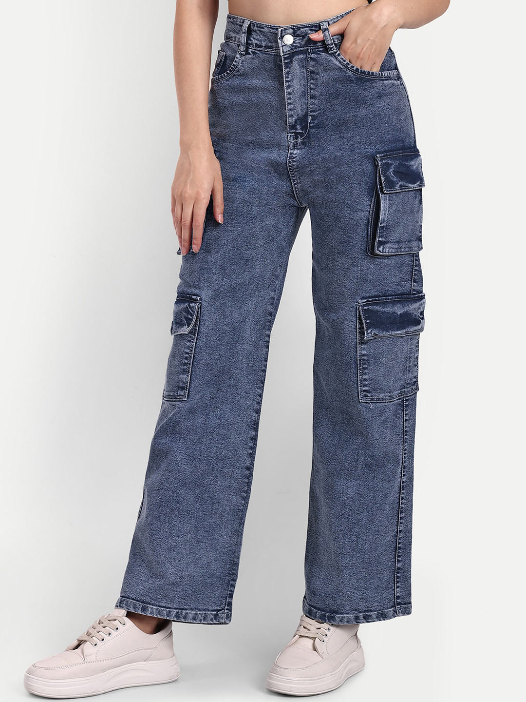 

BROADSTAR Women Smart Wide Leg Clean Look Heavy Fade Cotton Stretchable Jeans, Blue