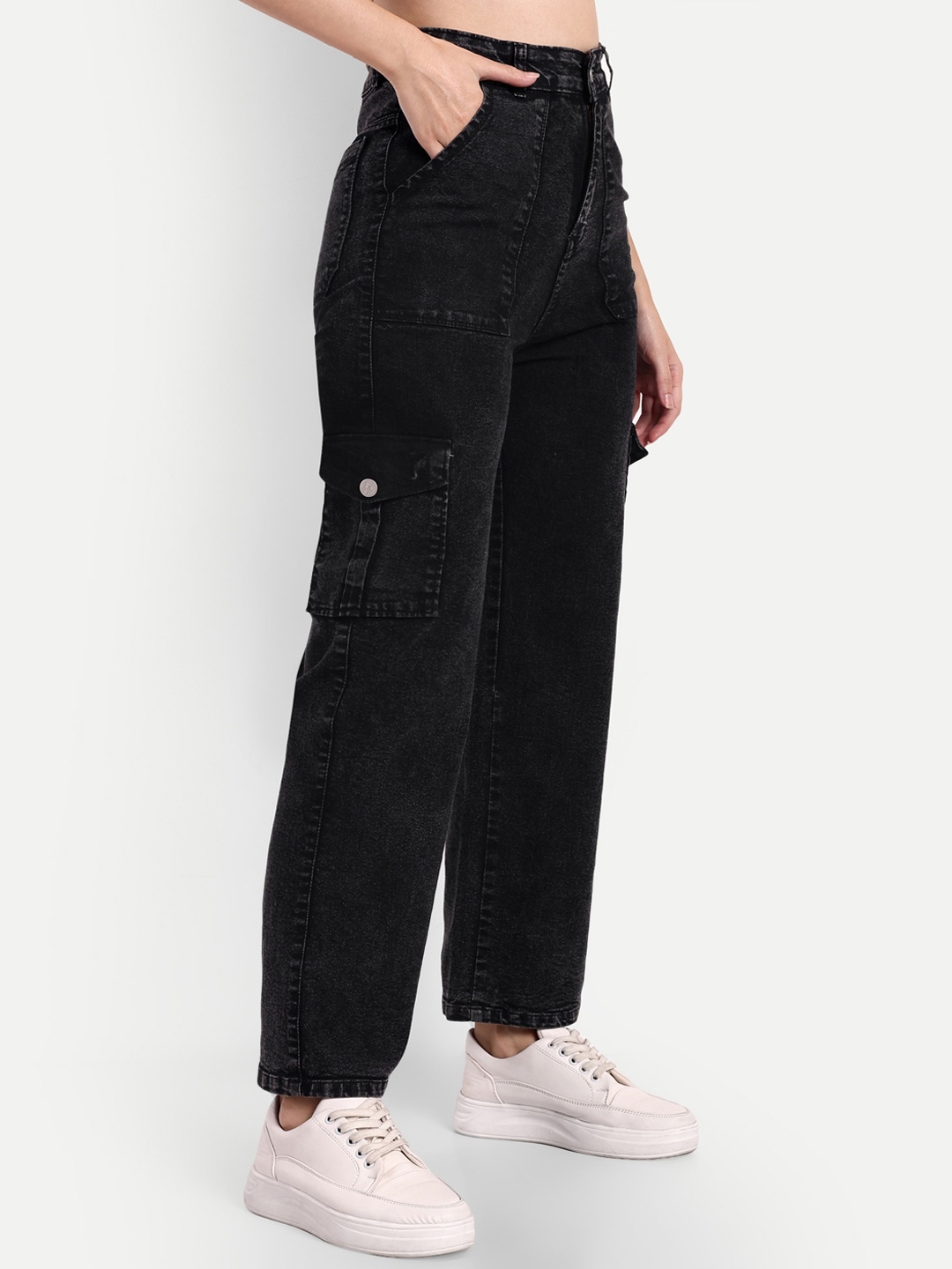 

BROADSTAR Women Smart Wide Leg High-Rise Clean Look Cotton Stretchable Jeans, Black