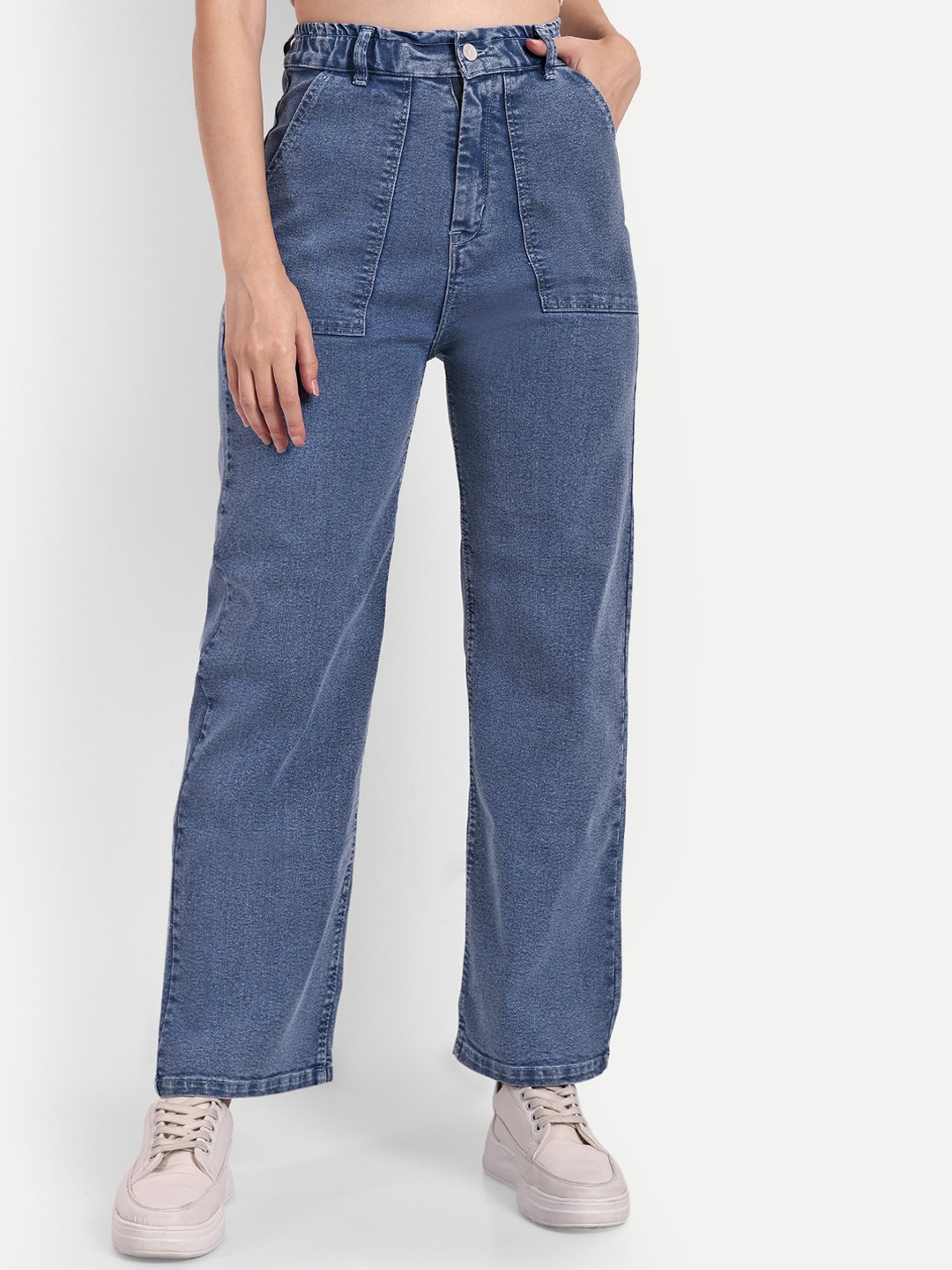 

BROADSTAR Women Smart Wide Leg High-Rise Clean Look Cotton Stretchable Jeans, Blue