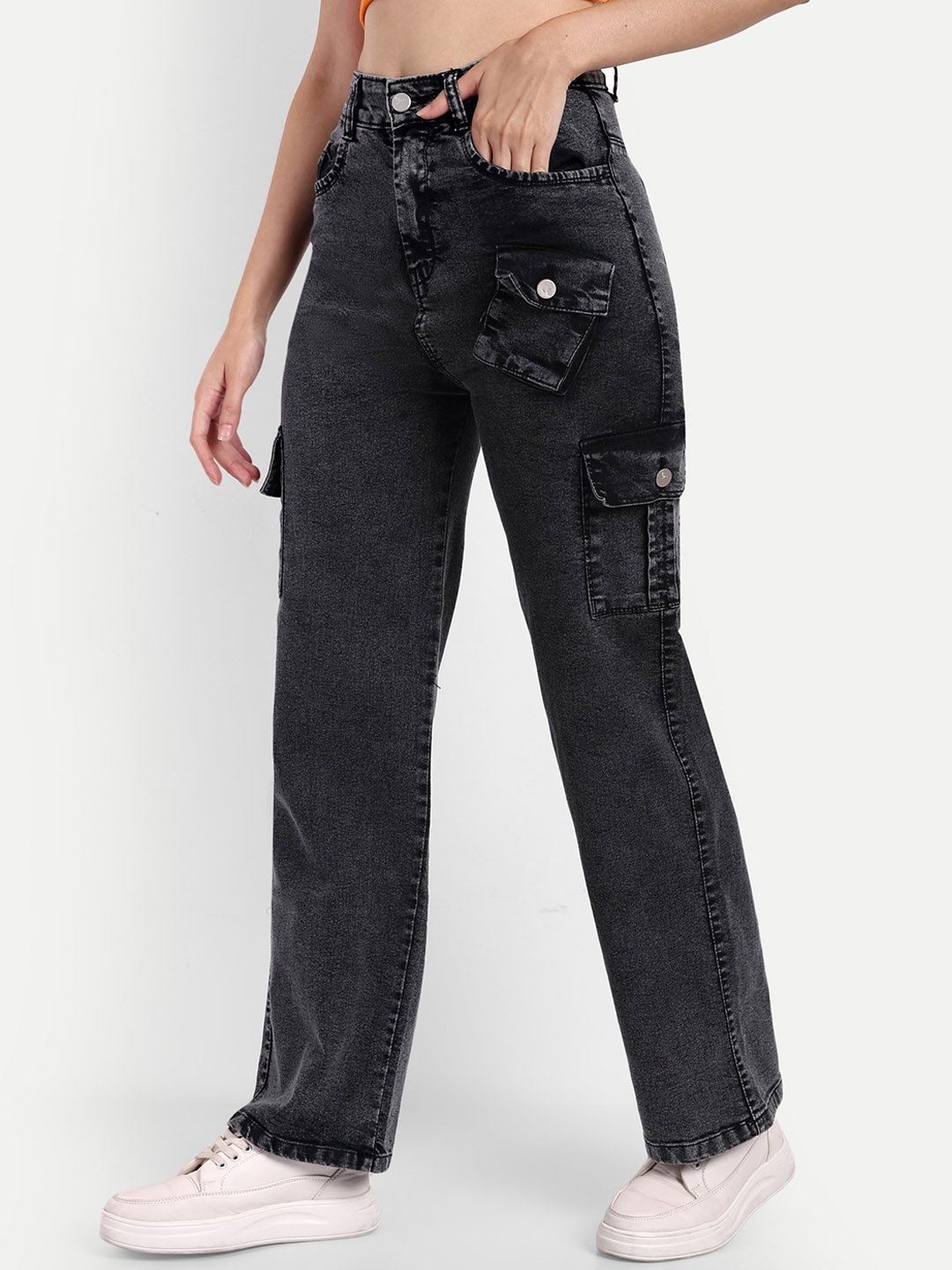

BROADSTAR Women Smart High-Rise Clean Look Wide Leg Stretchable Jeans, Black