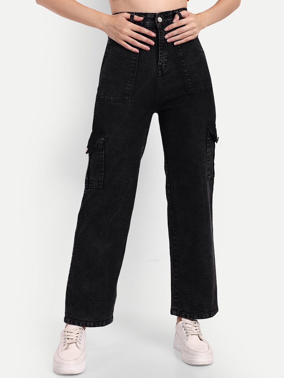 

BROADSTAR Women Smart High-Rise Clean Look Wide Leg Stretchable Jeans, Black
