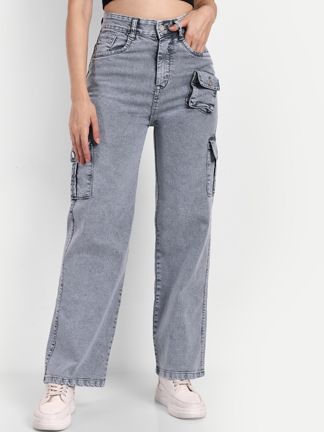 

BROADSTAR Women Smart Wide Leg High-Rise Mildly Distressed Stretchable Cotton Jeans, Grey
