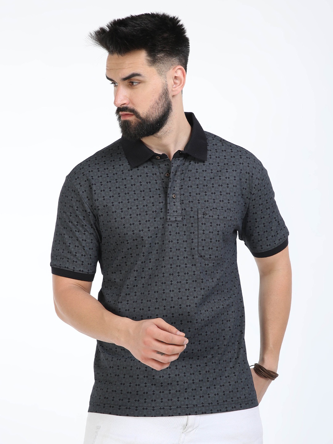 

Classic Polo Geometric Printed Polo Collar Cotton T-Shirt, Black