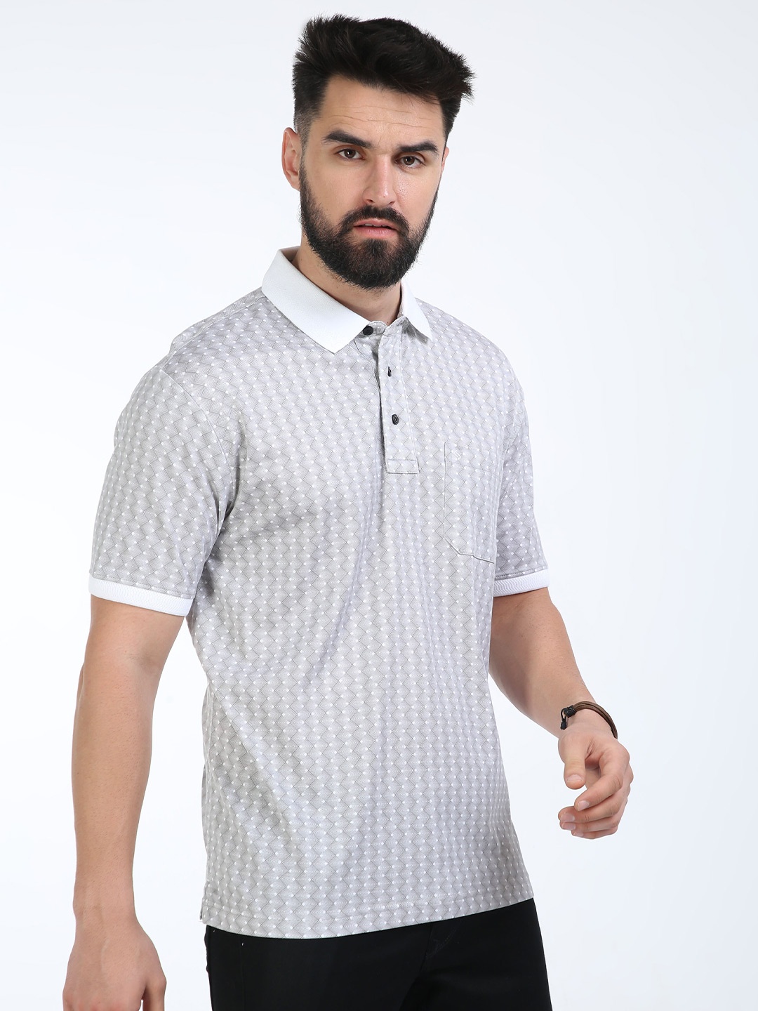 

Classic Polo Geometric Printed Polo Collar Cotton T-Shirt, Cream