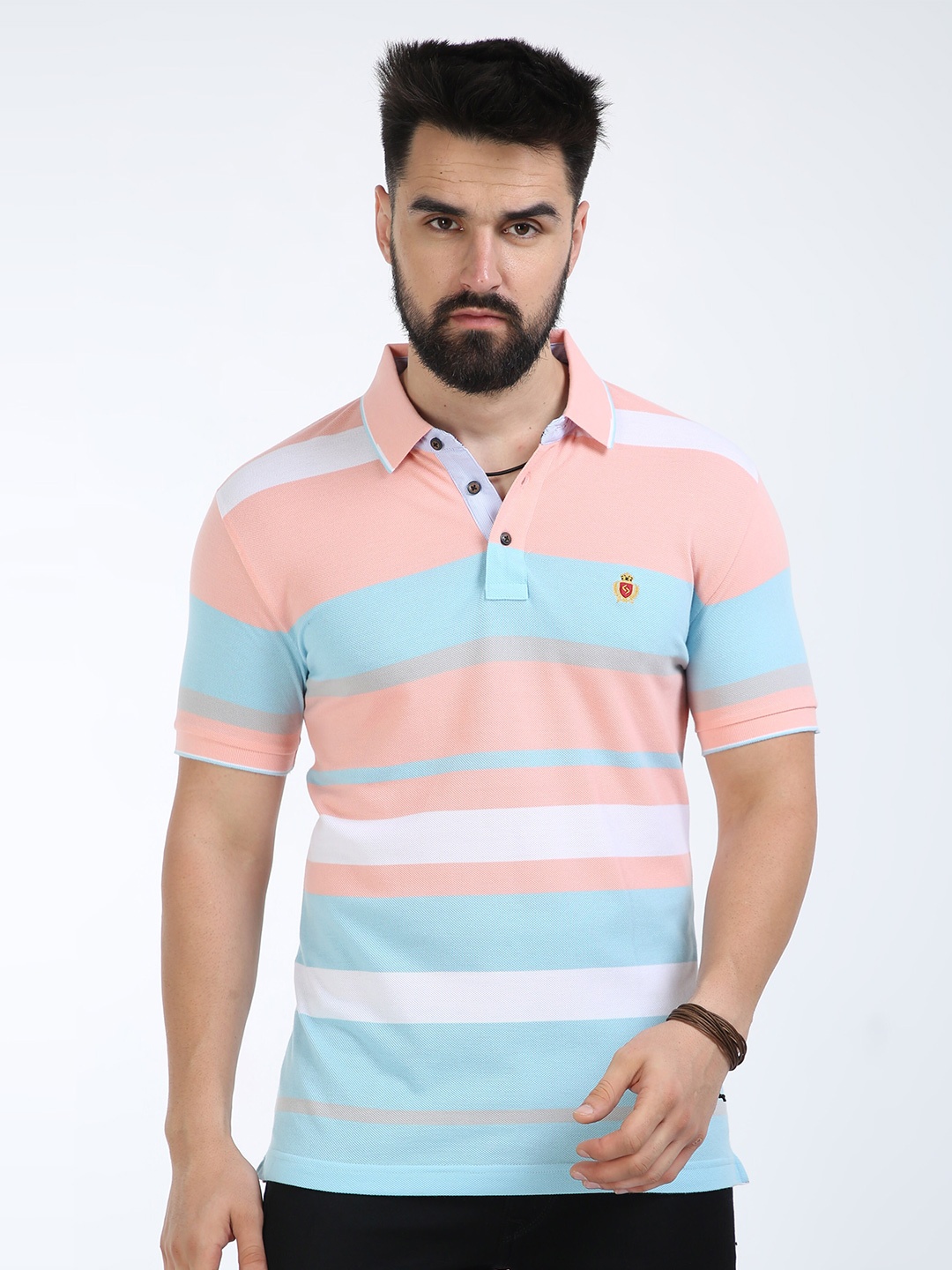 

Classic Polo Striped Polo Collar Slim Fit Cotton T-shirt, Peach