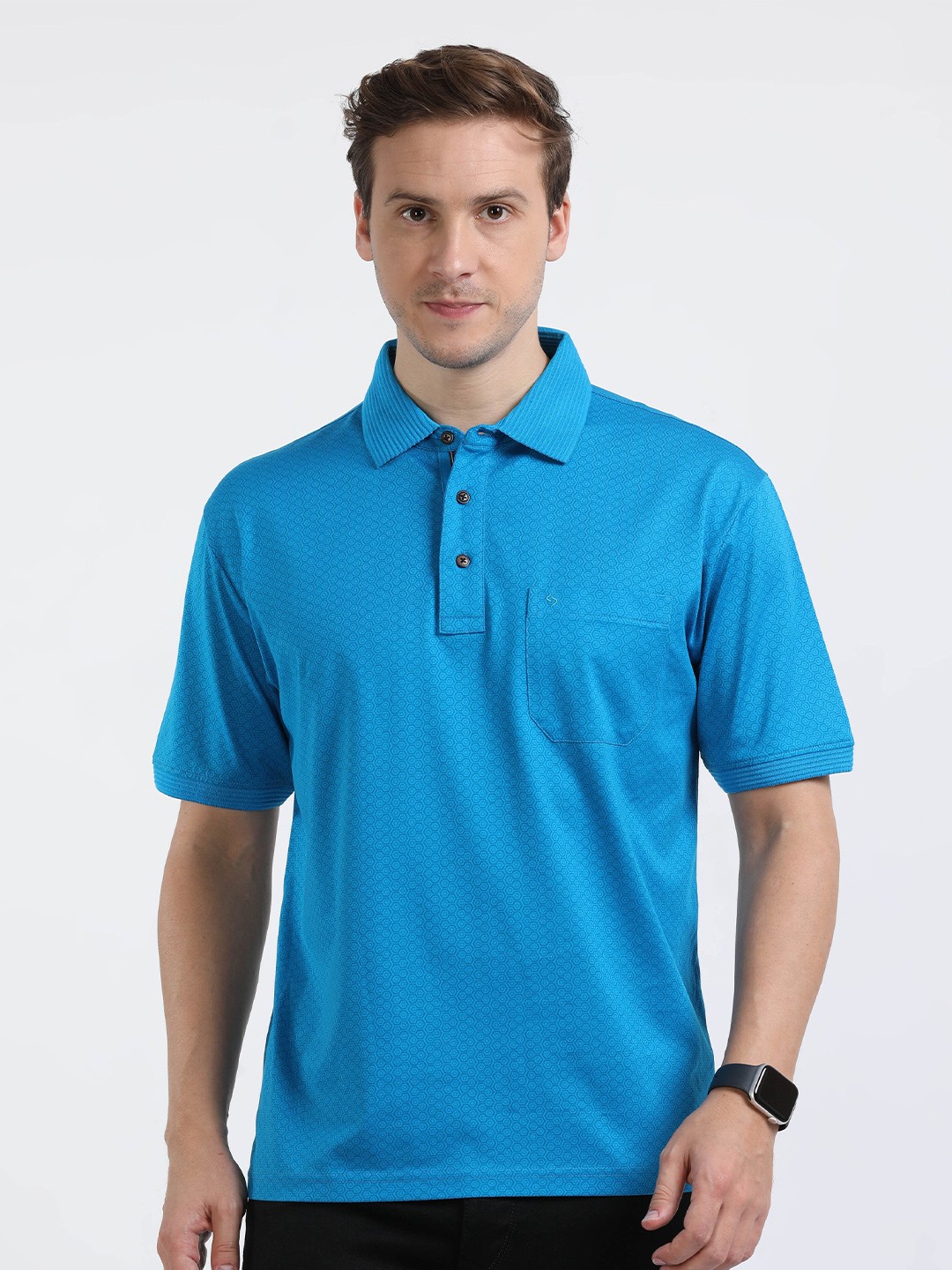 

Classic Polo Geometric Print Polo Collar Pockets Cotton T-shirt, Turquoise blue