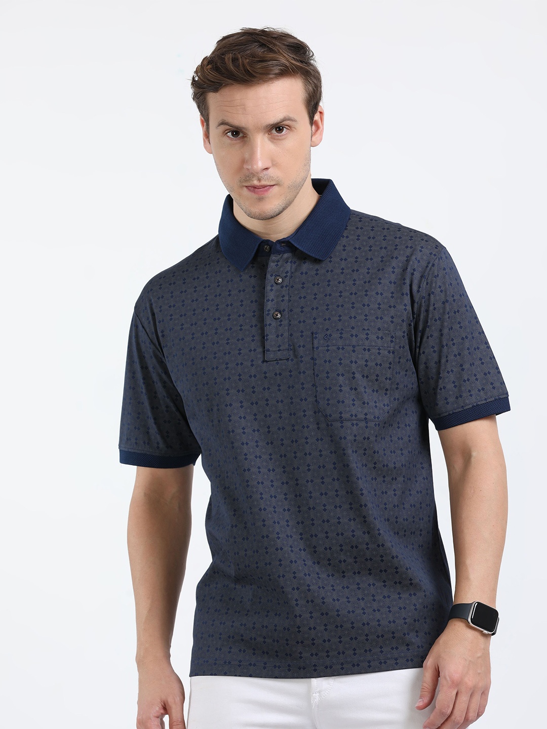 

Classic Polo Geometric Print Polo Collar Pockets Cotton T-shirt, Blue