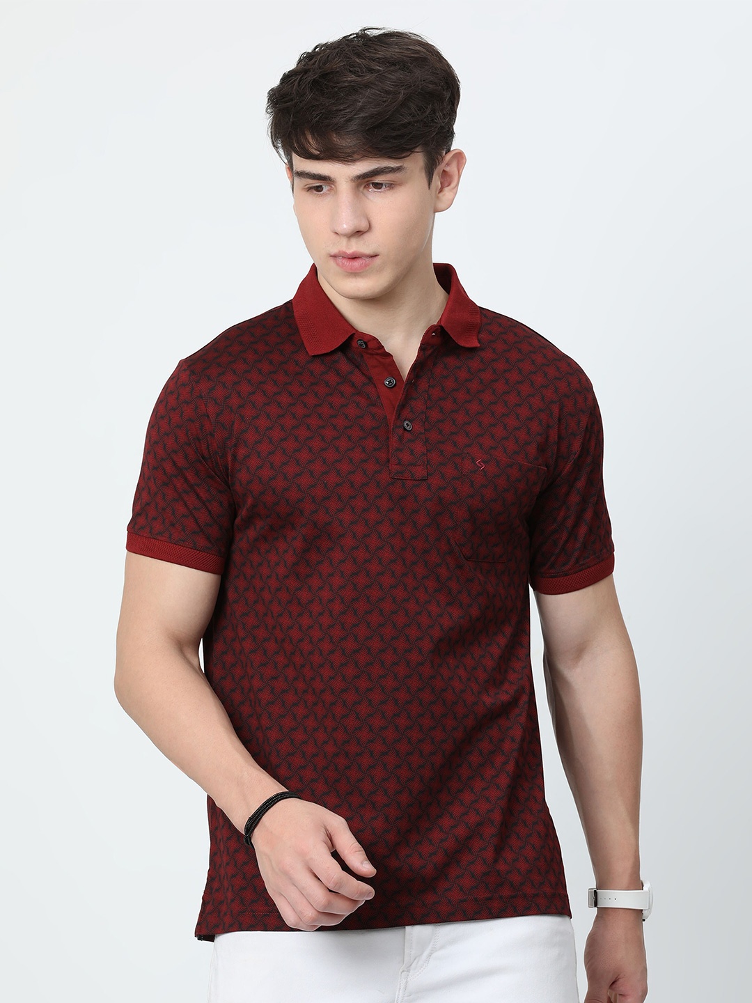 

Classic Polo Geometric Print Polo Collar Pockets Cotton T-shirt, Maroon