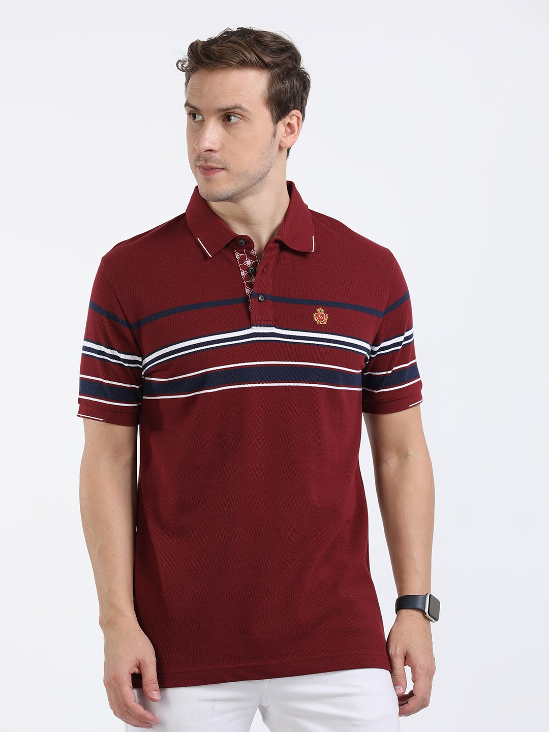 

Classic Polo Slim Fit Striped Polo Collar Cotton T-shirt, Maroon