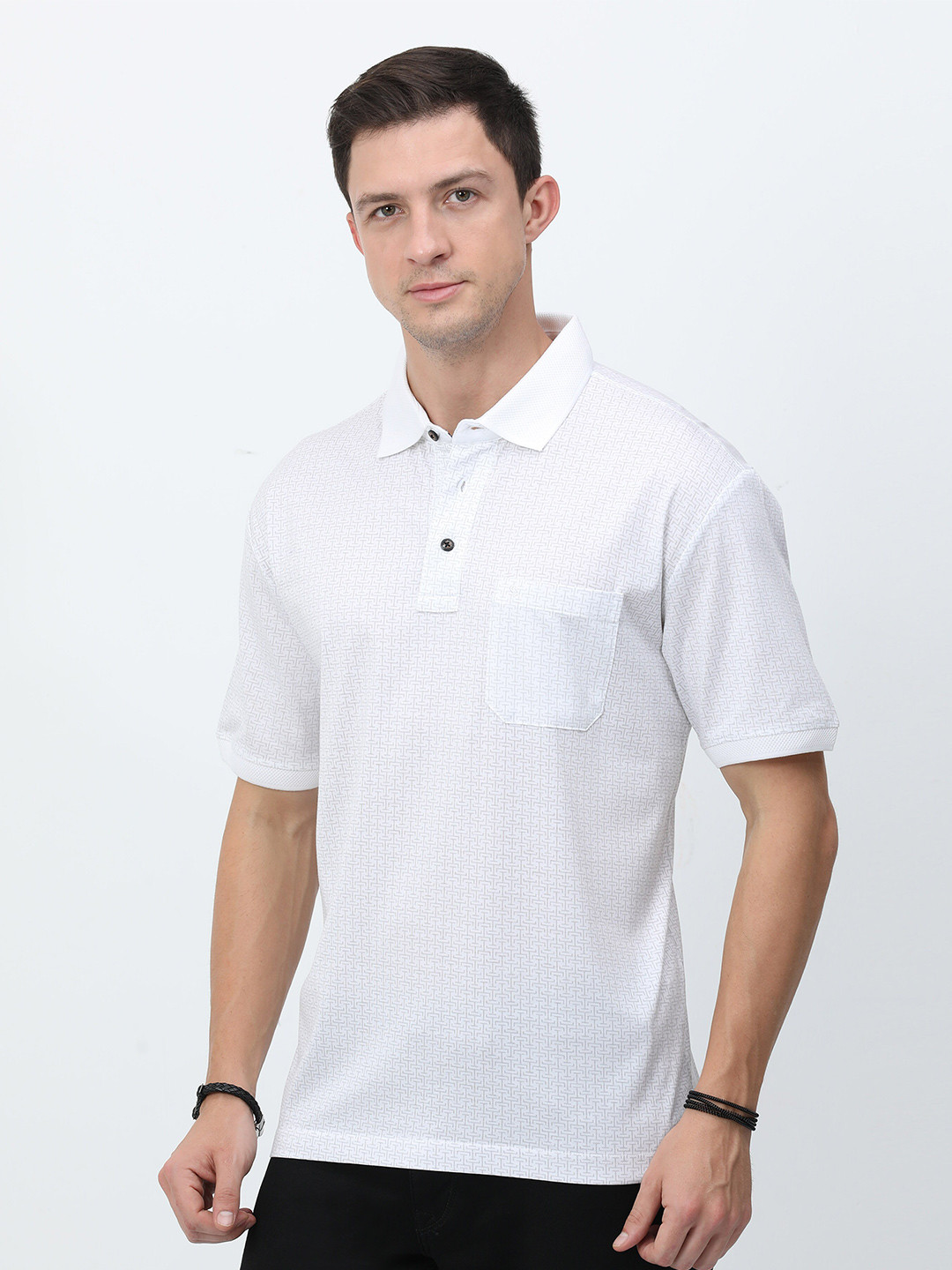 

Classic Polo Geometric Print Polo Collar Pockets Cotton T-shirt, White