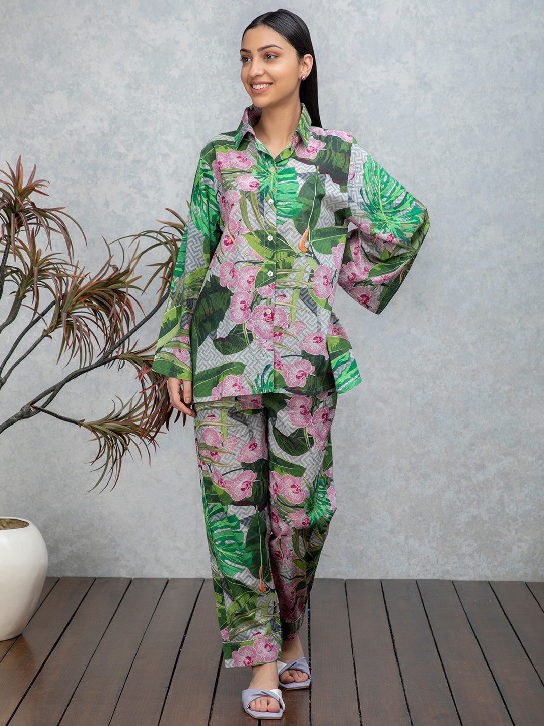 

Rhe-Ana Printed Pure Cotton Shirt & Trousers, Pink