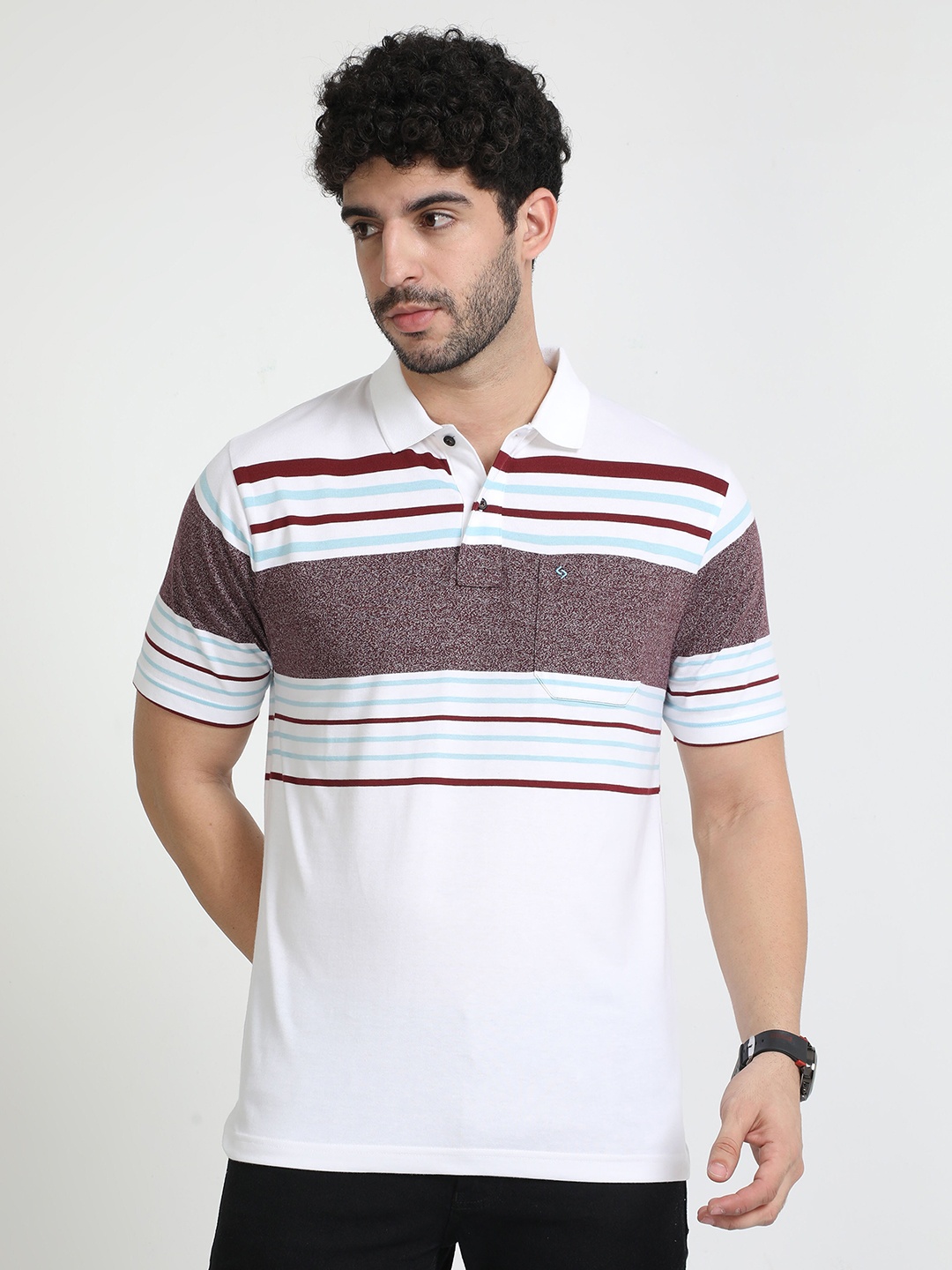 

Classic Polo Striped Polo Collar Pockets T-shirt, White