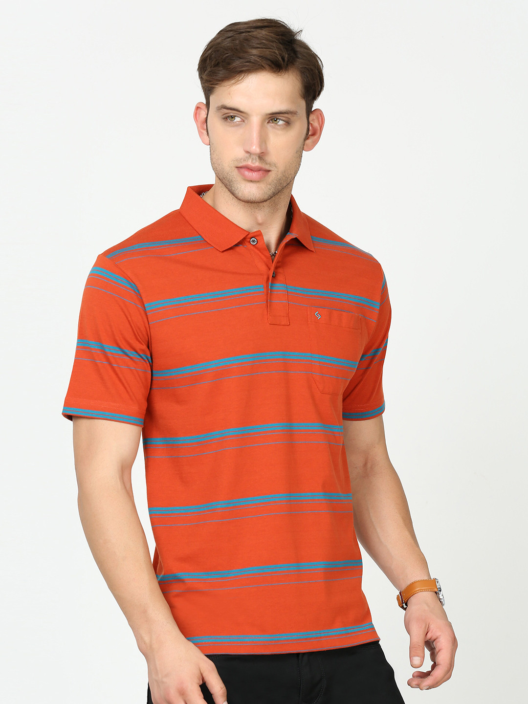

Classic Polo Striped Polo Collar Pockets T-shirt, Red