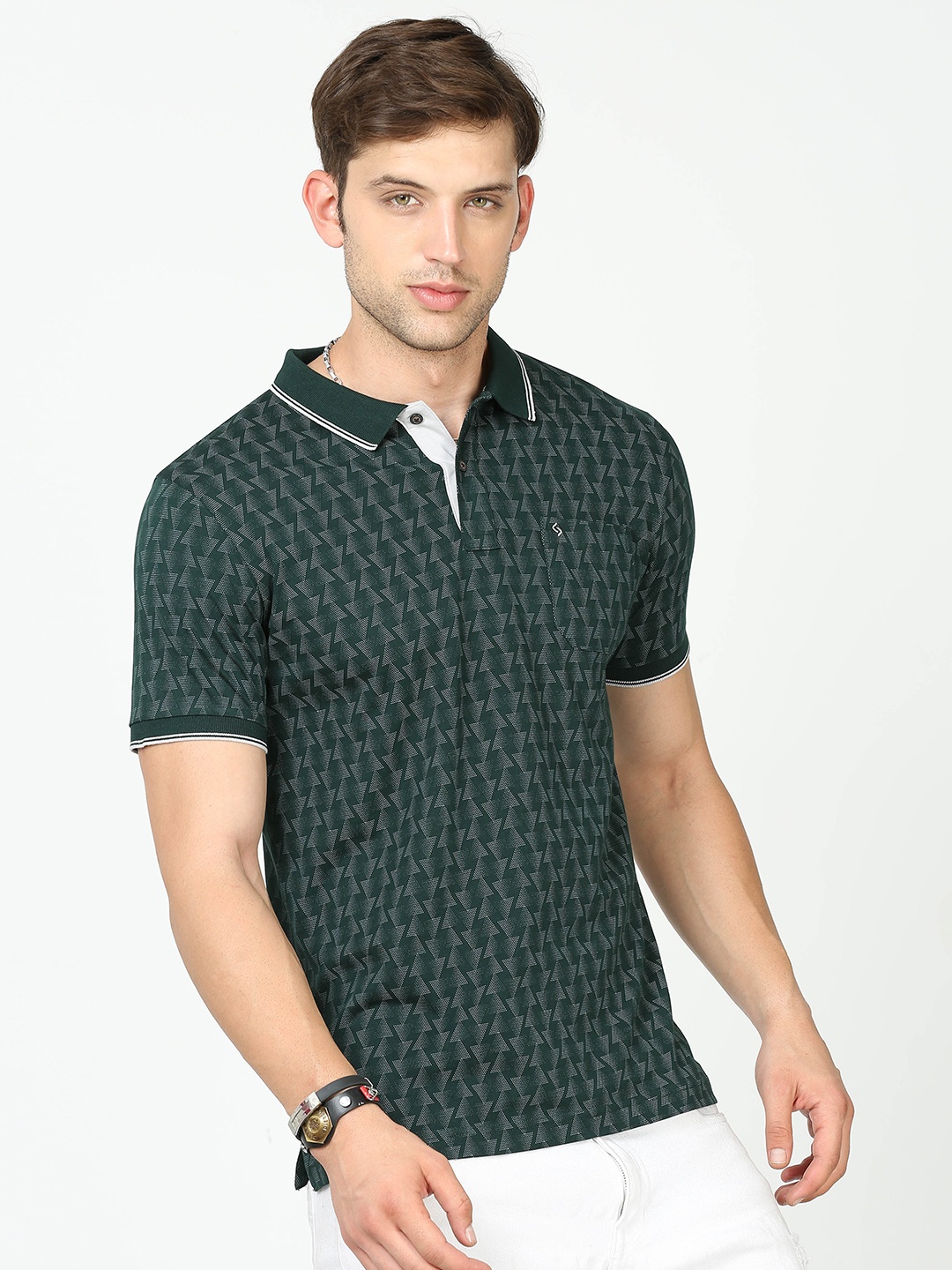 

Classic Polo Geomeric Printed Polo Collar Slim Fit T-shirt, Green