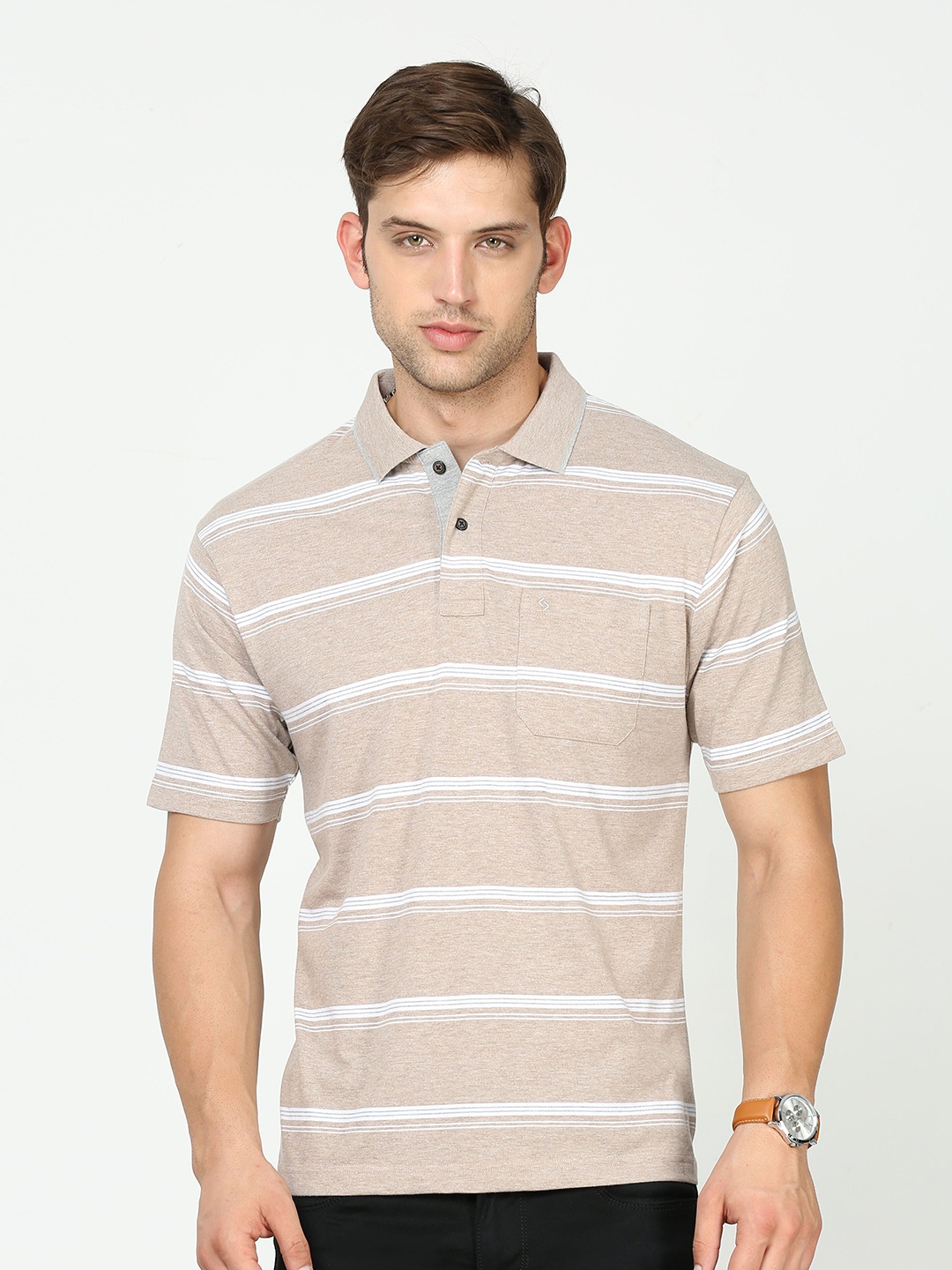 

Classic Polo Striped Polo Collar Cotton T-shirt, Cream