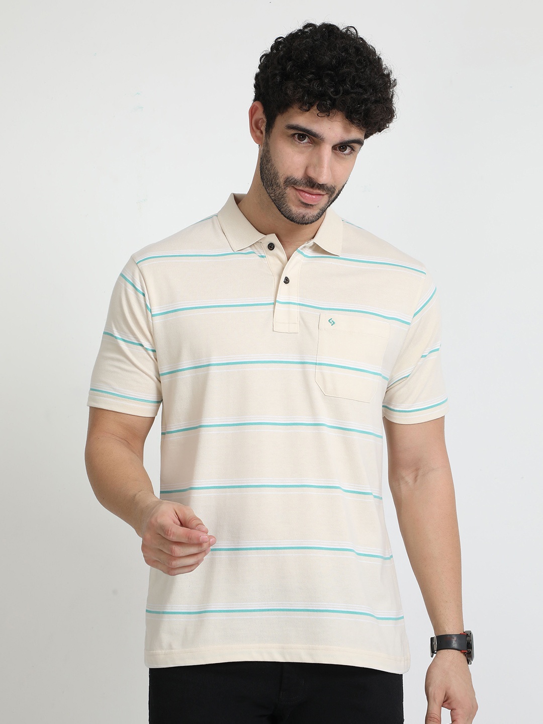 

Classic Polo Striped Polo Collar T-shirt, Cream