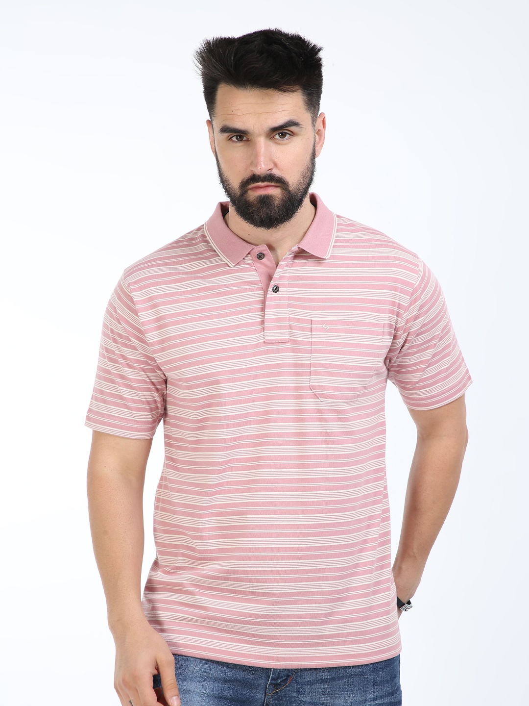 

Classic Polo Striped Polo Collar Cotton T-shirt, Pink