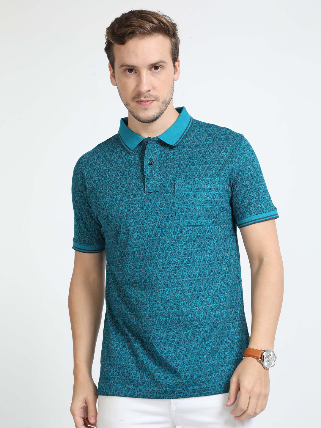 

Classic Polo Abstract Printed Polo Collar Slim Fit Cotton T-shirt, Turquoise blue