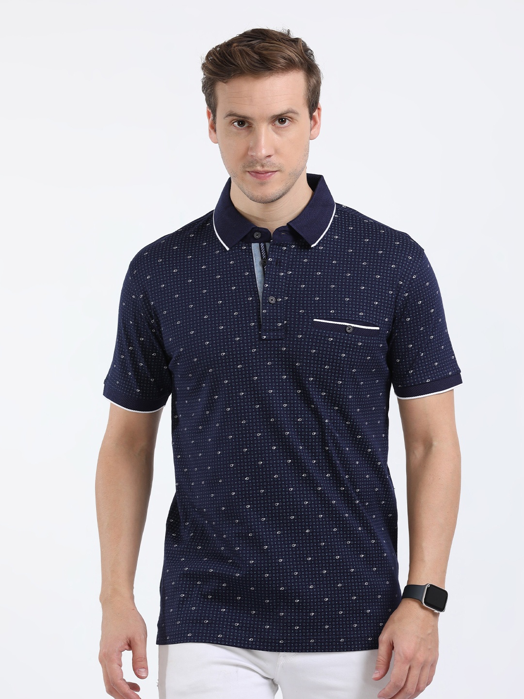 

Classic Polo Micro Ditsy Printed Polo Collar Slim Fit Cotton T-shirt, Navy blue