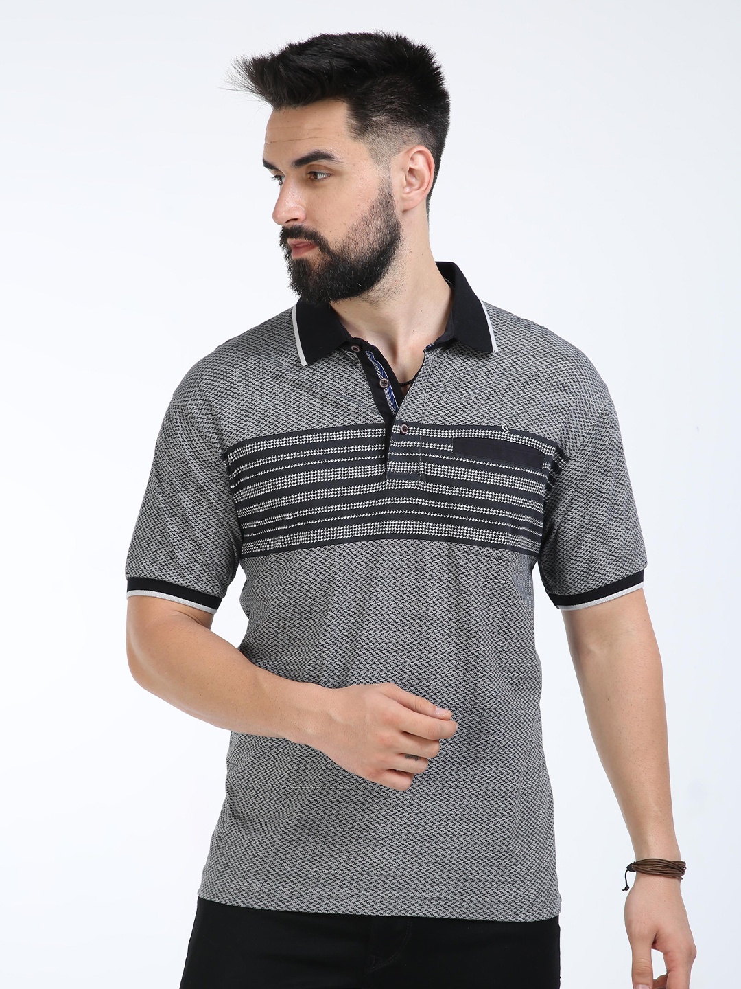 

Classic Polo Striped Polo Collar Cotton T-shirt, Grey