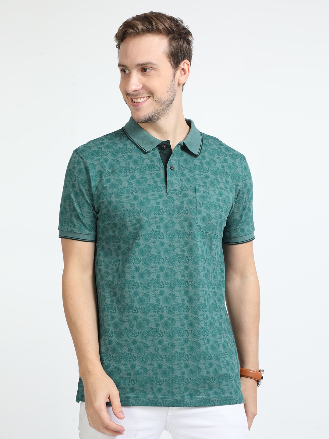 

Classic Polo Abstract Printed Polo Collar Slim Fit Cotton T-shirt, Green