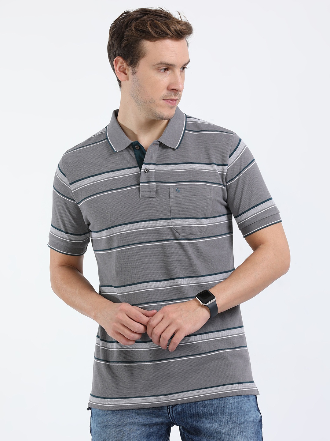

Classic Polo Striped Polo Collar Slim Fit Cotton T-shirt, Grey