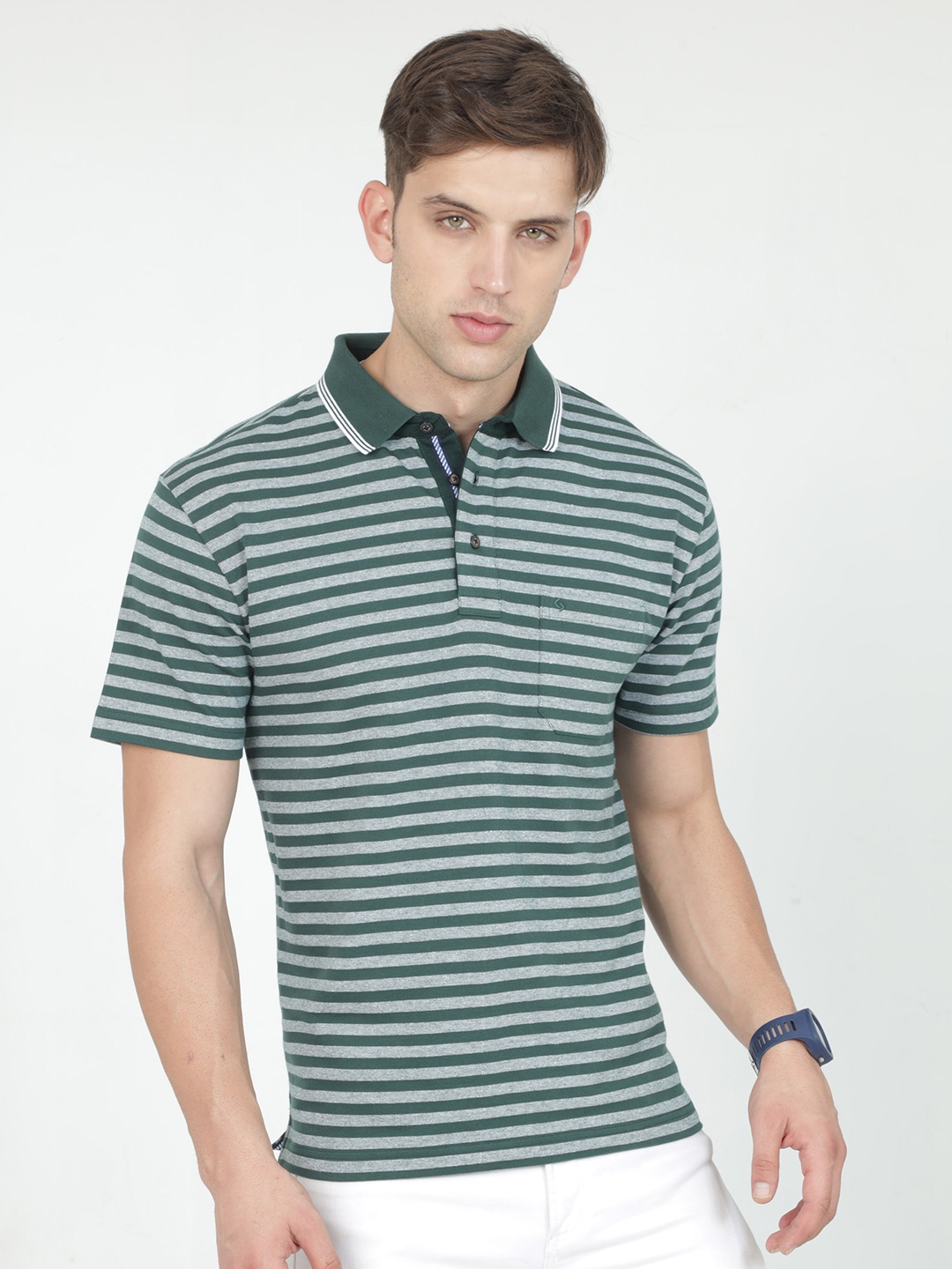 

Classic Polo Striped Polo Collar Cotton T-shirt, Green