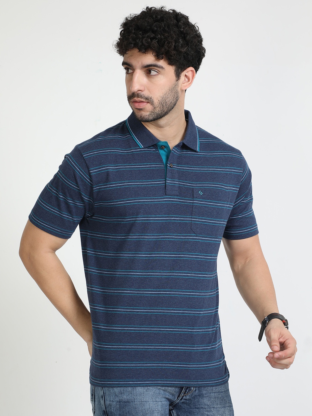 

Classic Polo Striped Polo Collar Cotton T-shirt, Blue