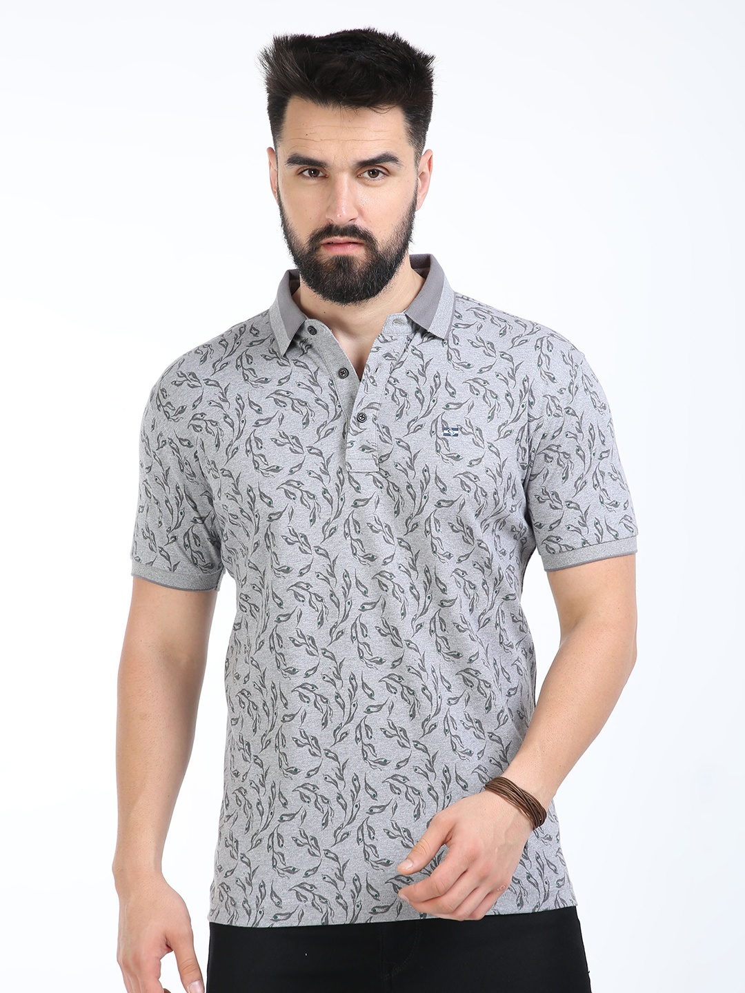 

Classic Polo Abstract Printed Polo Collar Slim Fit Cotton T-shirt, Grey