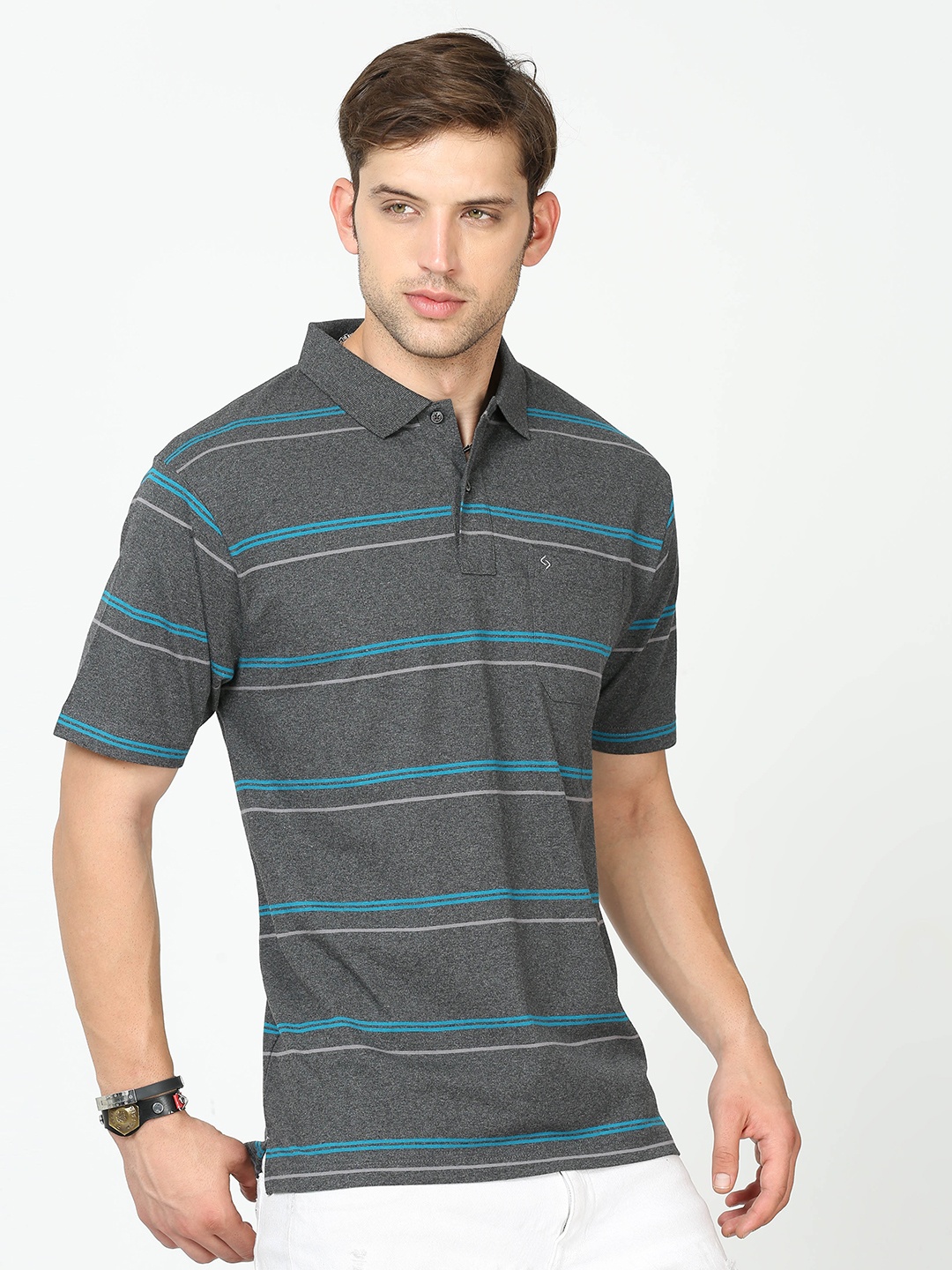 

Classic Polo Striped Polo Collar Cotton T-shirt, Grey