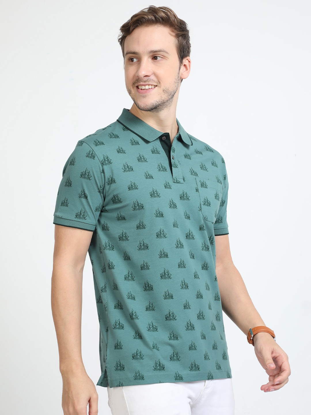 

Classic Polo Conversational Printed Polo Collar Slim Fit Cotton T-shirt, Green