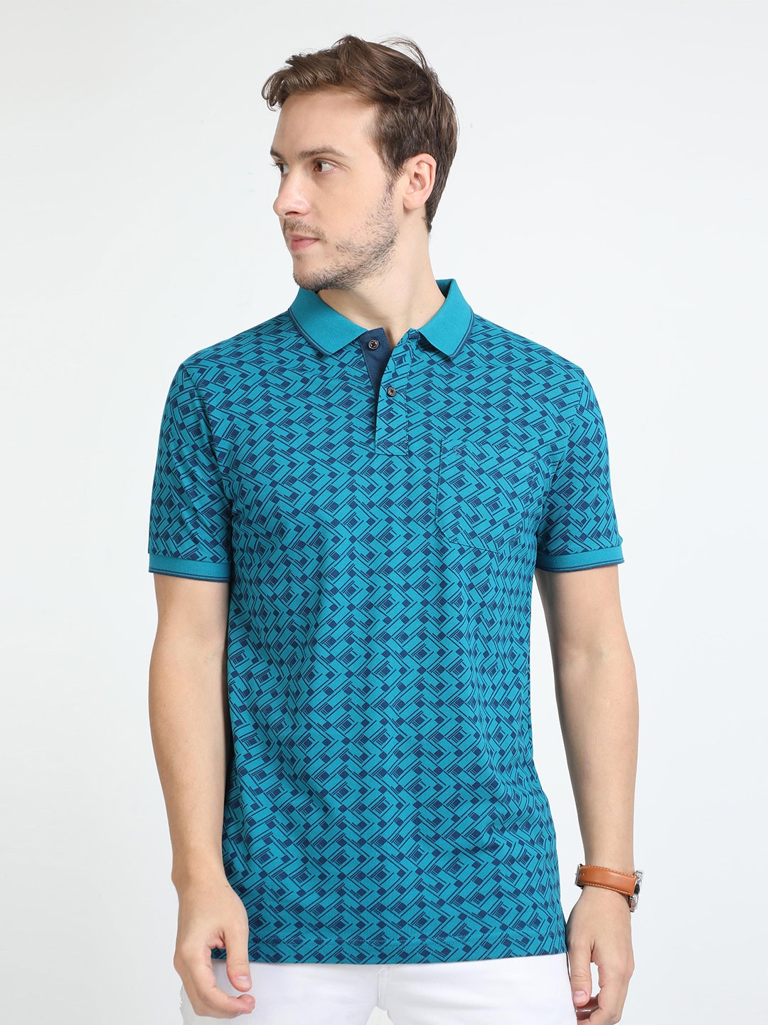 

Classic Polo Geometric Printed Polo Collar Slim Fit Cotton T-shirt, Turquoise blue