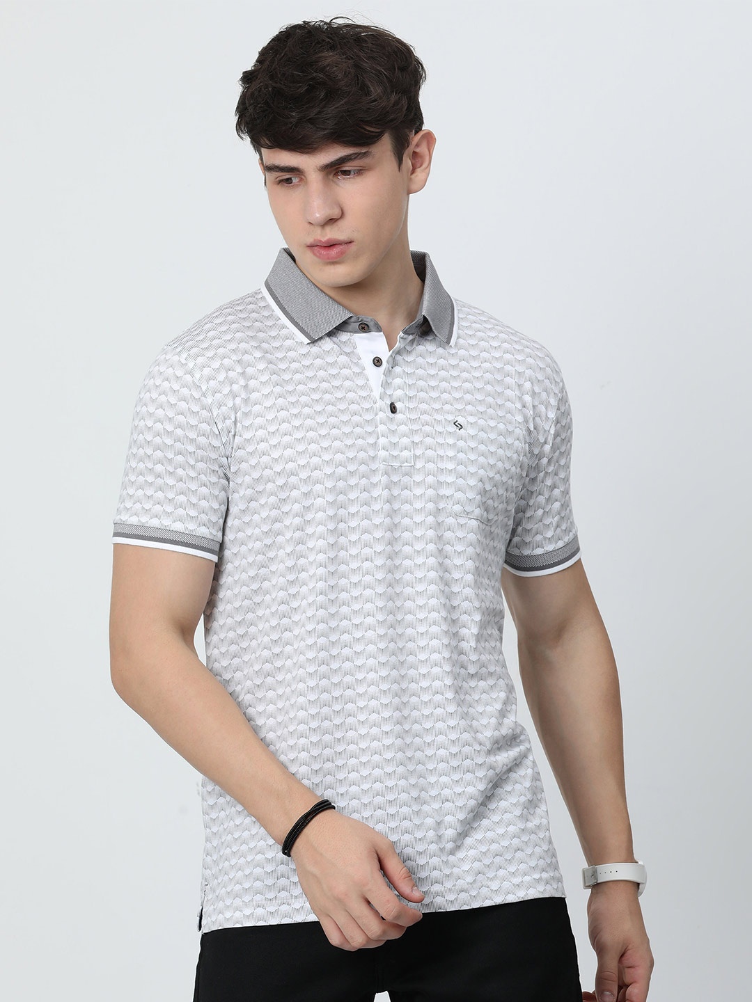 

Classic Polo Abstract Printed Polo Collar Slim Fit Cotton T-shirt, White