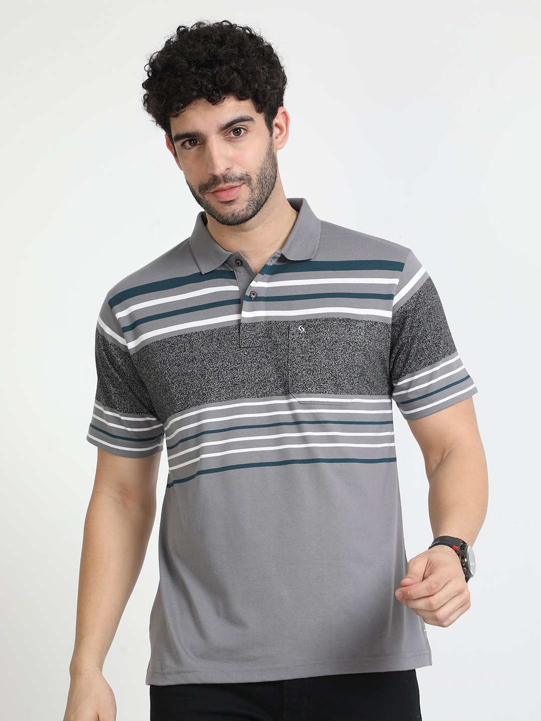 

Classic Polo Striped Polo Collar Cotton T-shirt, Grey