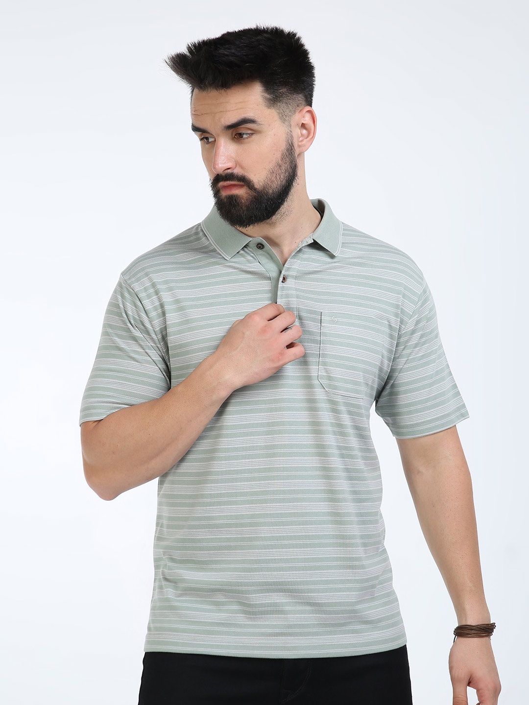 

Classic Polo Striped Polo Collar Cotton T-shirt, Green