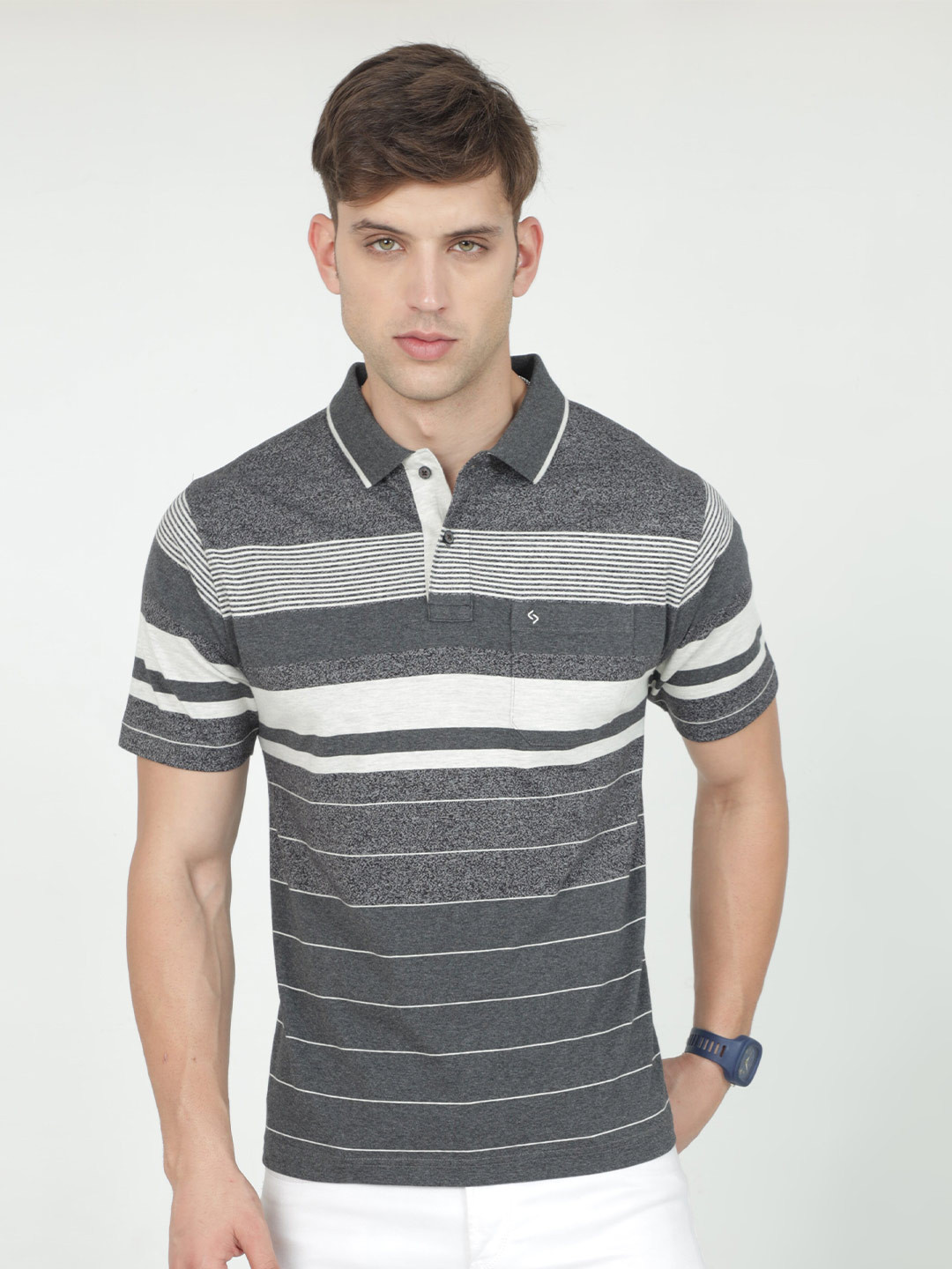 

Classic Polo Striped Polo Collar Cotton T-Shirt, Grey