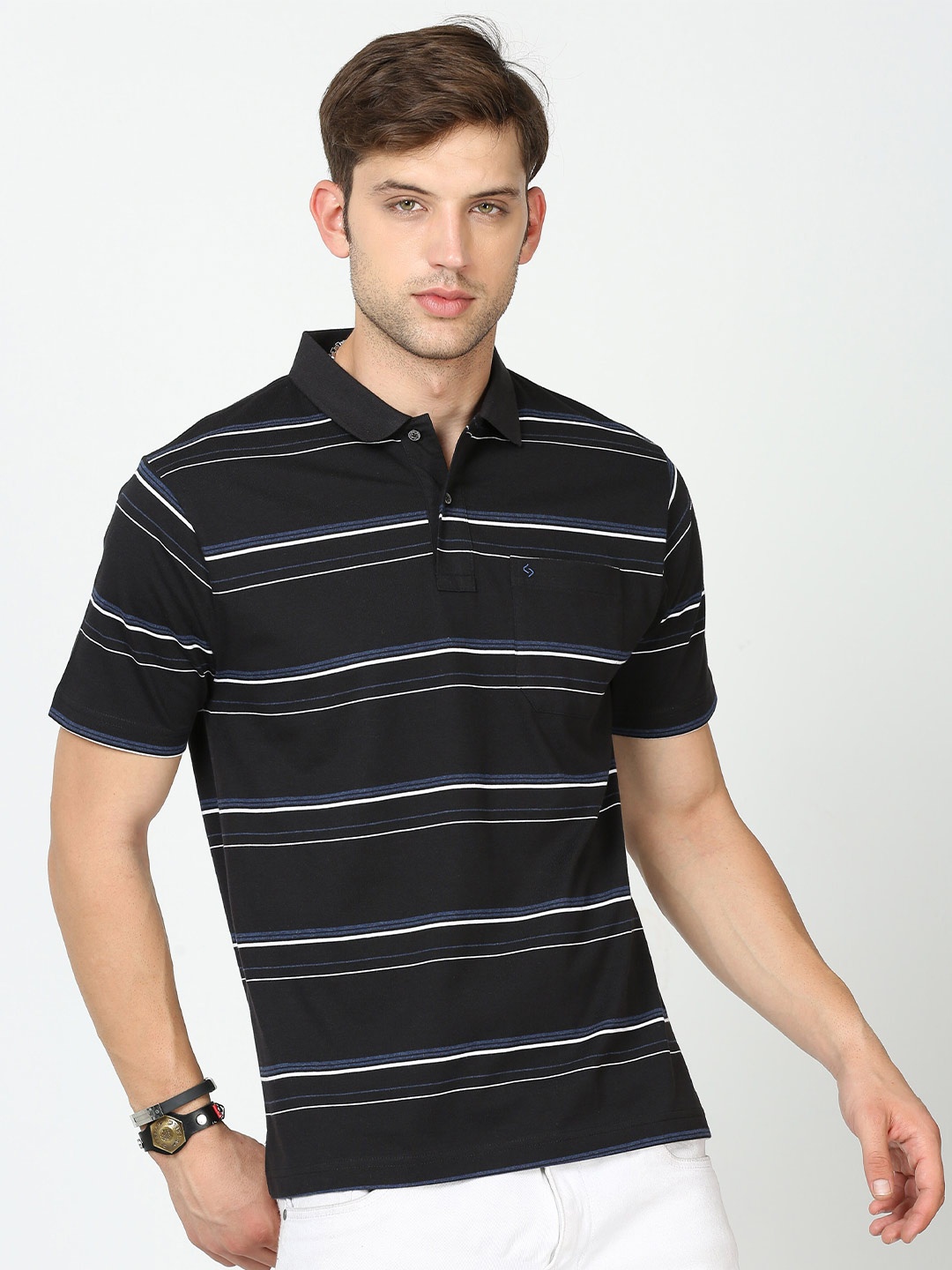 

Classic Polo Striped Polo Collar Cotton T-Shirt, Black