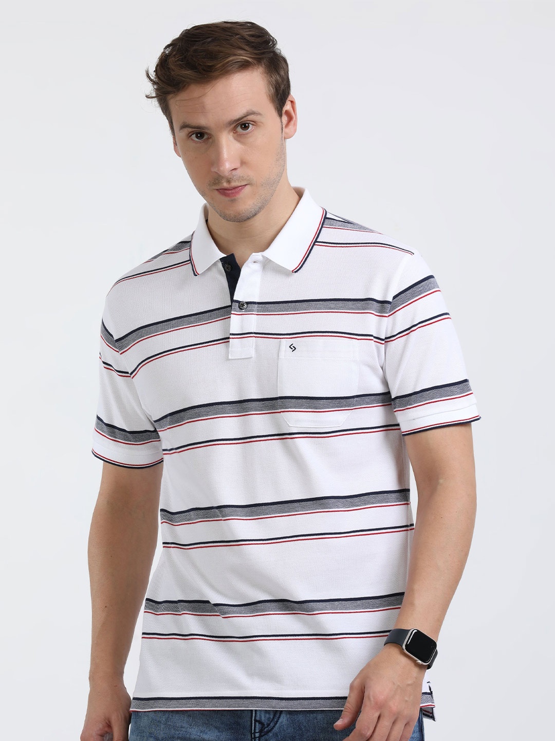 

Classic Polo Striped Polo Collar Cotton T-Shirt, White