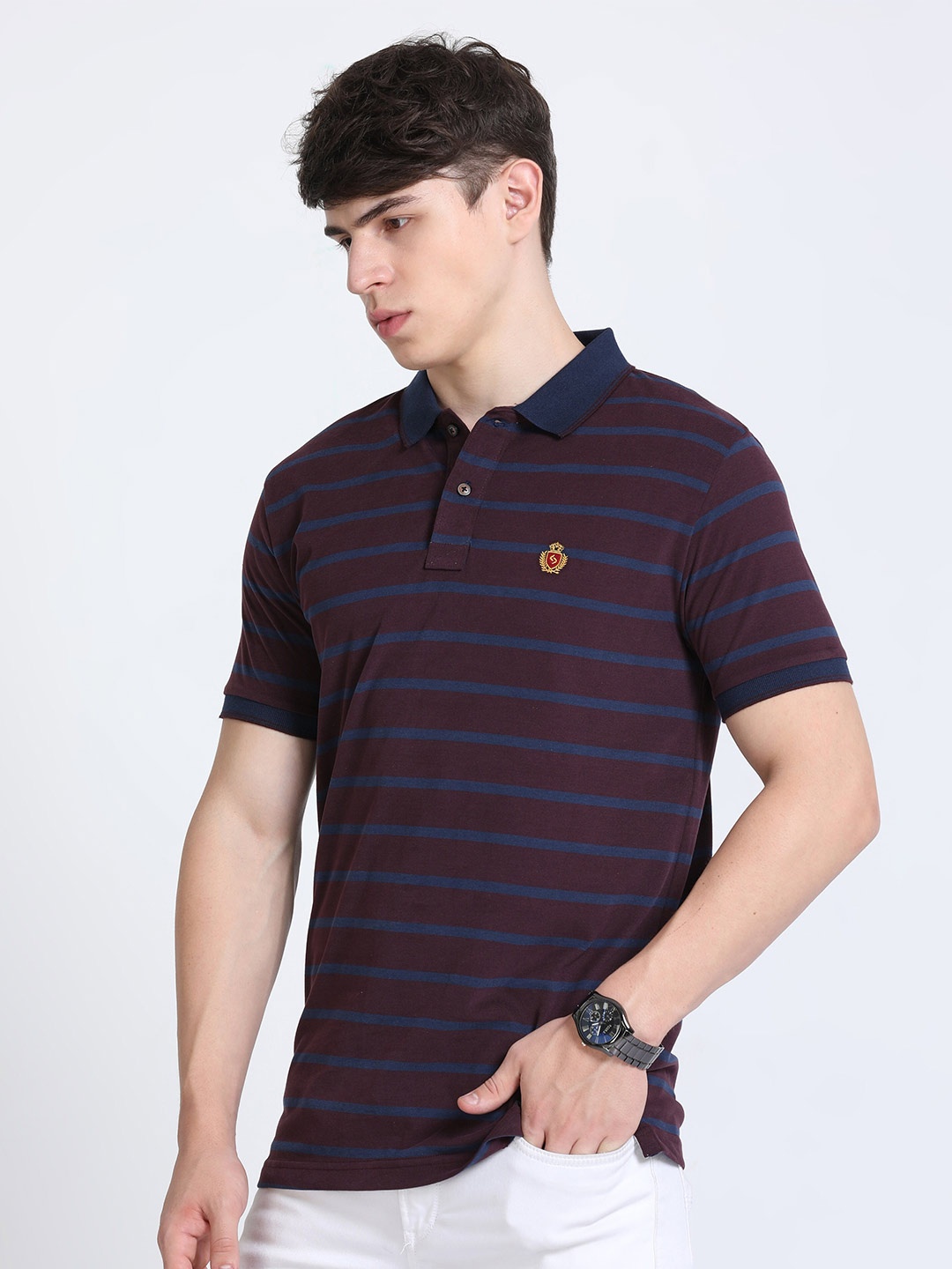 

Classic Polo Striped Polo Collar Cotton T-Shirt, Purple