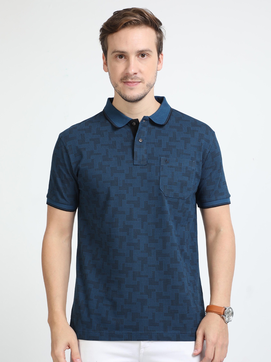 

Classic Polo Geometric Printed Polo Collar Cotton Slim Fit T-shirt, Navy blue