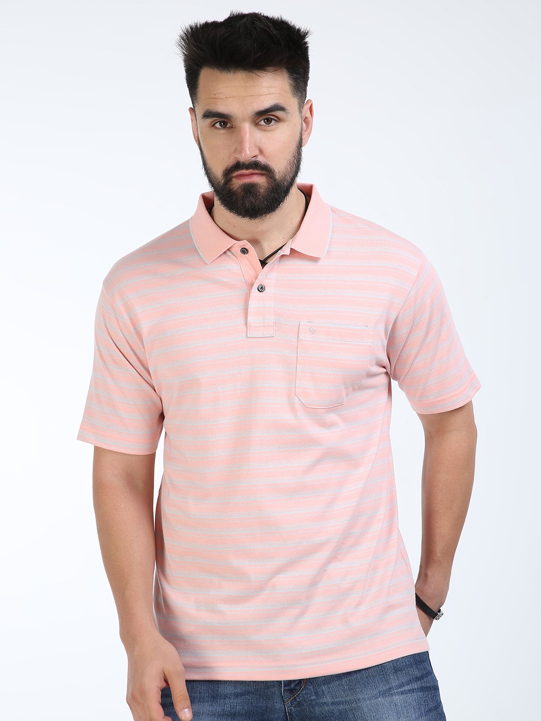 

Classic Polo Striped Polo Collar Cotton T-shirt, Pink